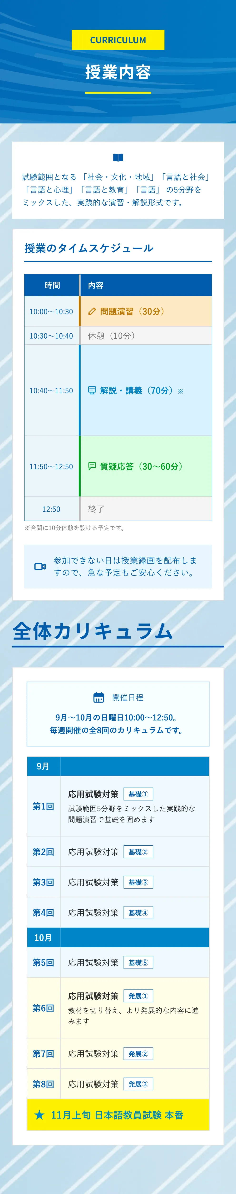 授業内容・全体カリキュラム。試験範囲となる5分野をミックスした実践的な演習・解説形式。授業タイムスケジュール。